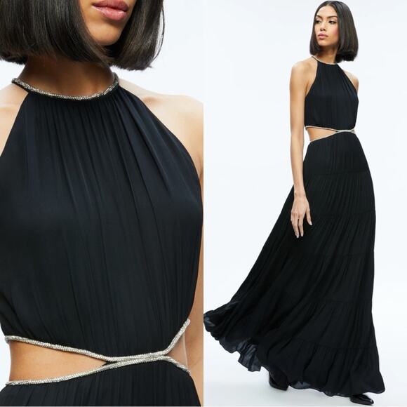Alice + Olivia Myrtice Crystal Embellished Cutout Pleated Black Maxi Dress Sz 8 - Picture 2 of 9